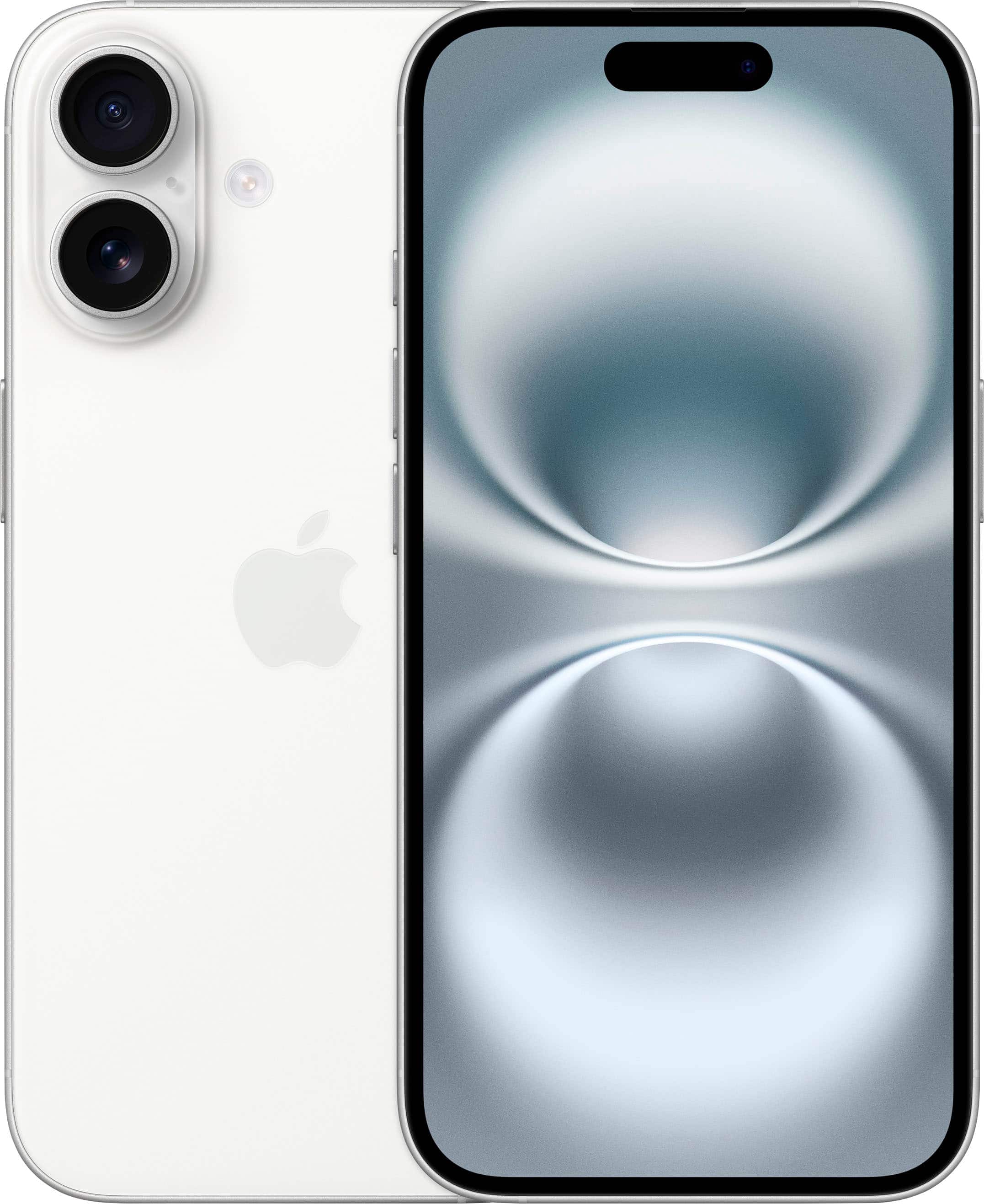Apple iPhone 16 white model displaying home screen
