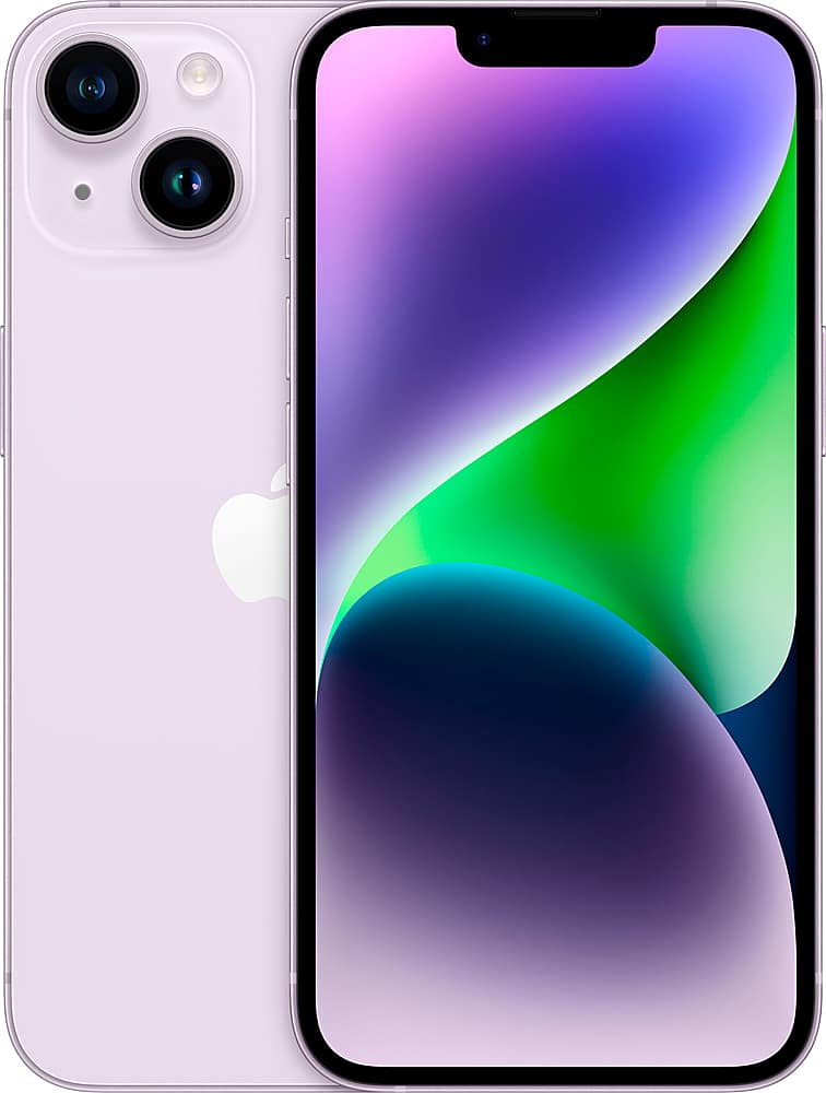 Apple iPhone 14 Purple showing Super Retina display and camera system