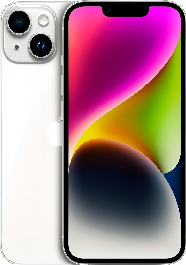 Apple iPhone 14 Unlocked smartphone displaying the home screen on a table